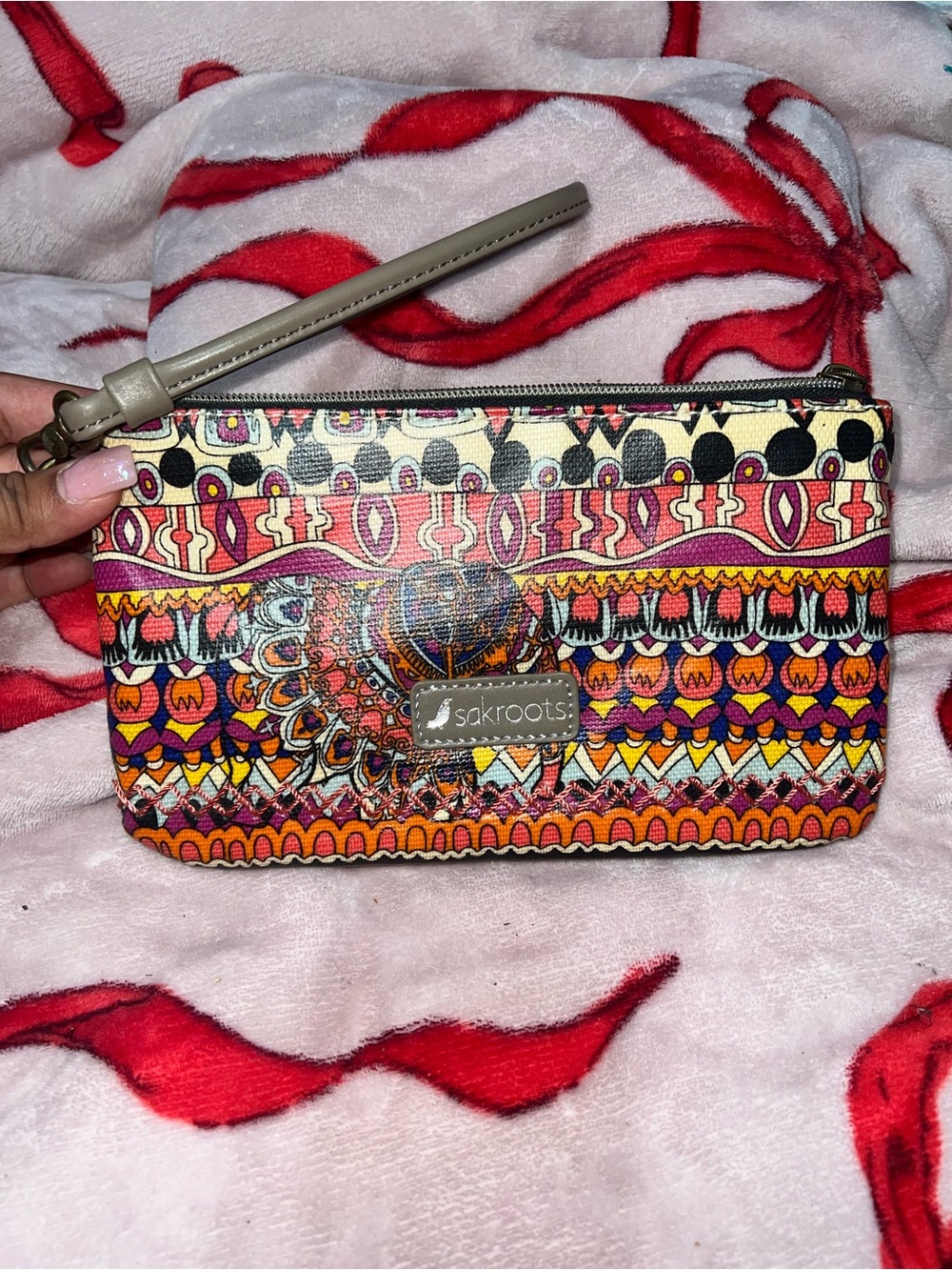 Sakroots Multicolor Patterned Wristlet with Neutral Strap
